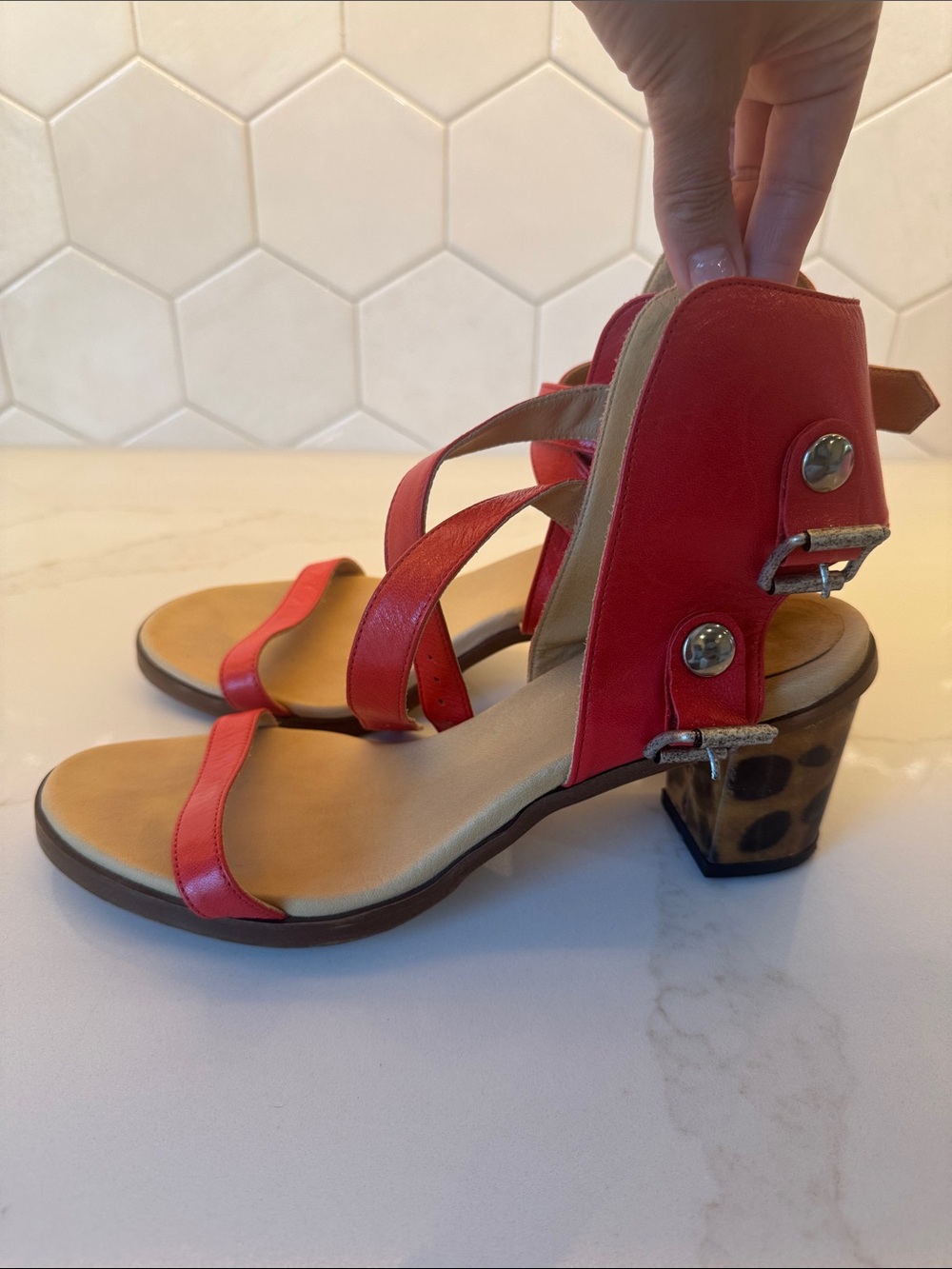Maison Martin Margiela Red Leather Strappy Leopard-Print Block Heel Sandals